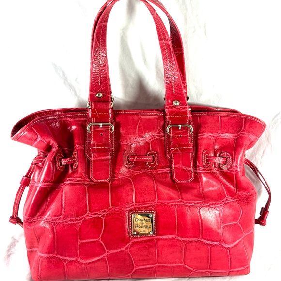 DOONEY AND BOURKE Red Leather Croc Embossed Drawstring Tote Satchel Shoulder Bag - Picture 1 of 15